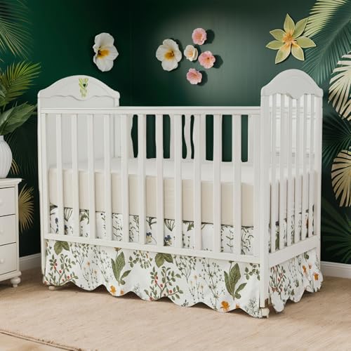 Image of Brandream Scallop Edge Cotton Crib Skirt Toddler Bedskirt Baby Nursery Crib Bed Skirt Boho Bohemian Neutral Vintage Sage Green Botanical Floral Farmhouse Chic Boho Bohemian Skirt