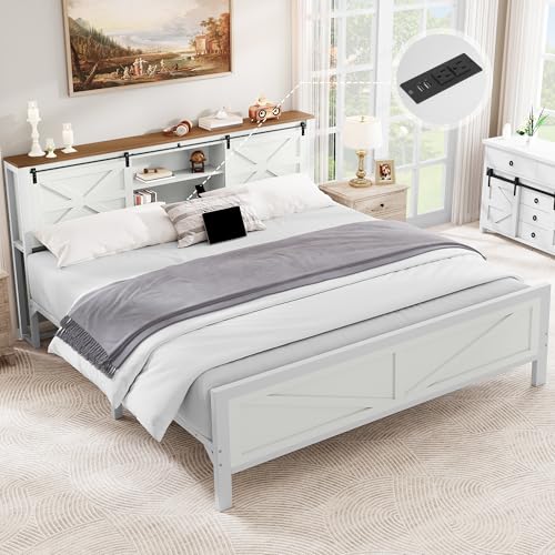 YITAHOME Farmhouse King Size Bed Frame with Headboard, Bookcase Storage Shelves, Sliding Barn Door, Charging Station, Rustic Wood Platform Bed, No Box Spring Needed, White