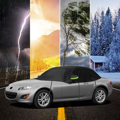 Image of Black Half Car Cover for 2005-2015 Mazda MX-5 Miata | Fits NC Generation, Weatherproof Sun Protection, Reflective Strips