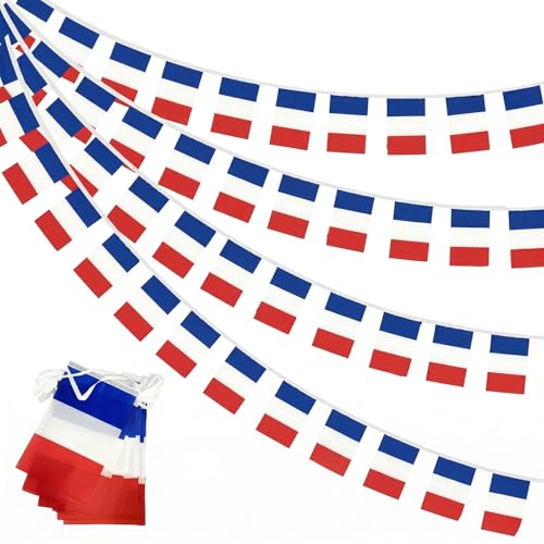 Guirlande de fanions France avec 20 drapeaux français, Décorations de fanions de drapeaux français, fanions 14x21 cm, bannière pour fêtes de football,...