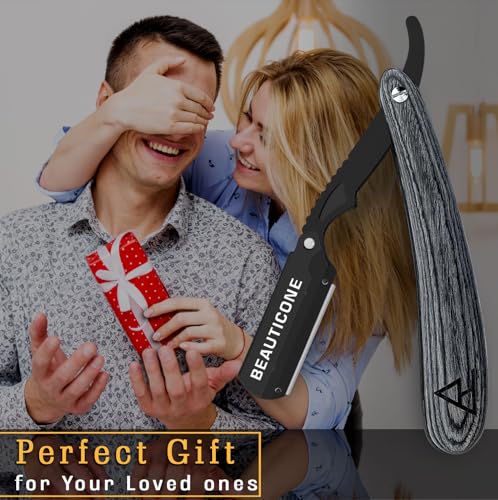 Image of BEAUTICONE Straight Razor for Men, Professional Barber Razor with 100 Single Edge Blades, Straight Edge Single Blade Razors for Men, Wooden Handle