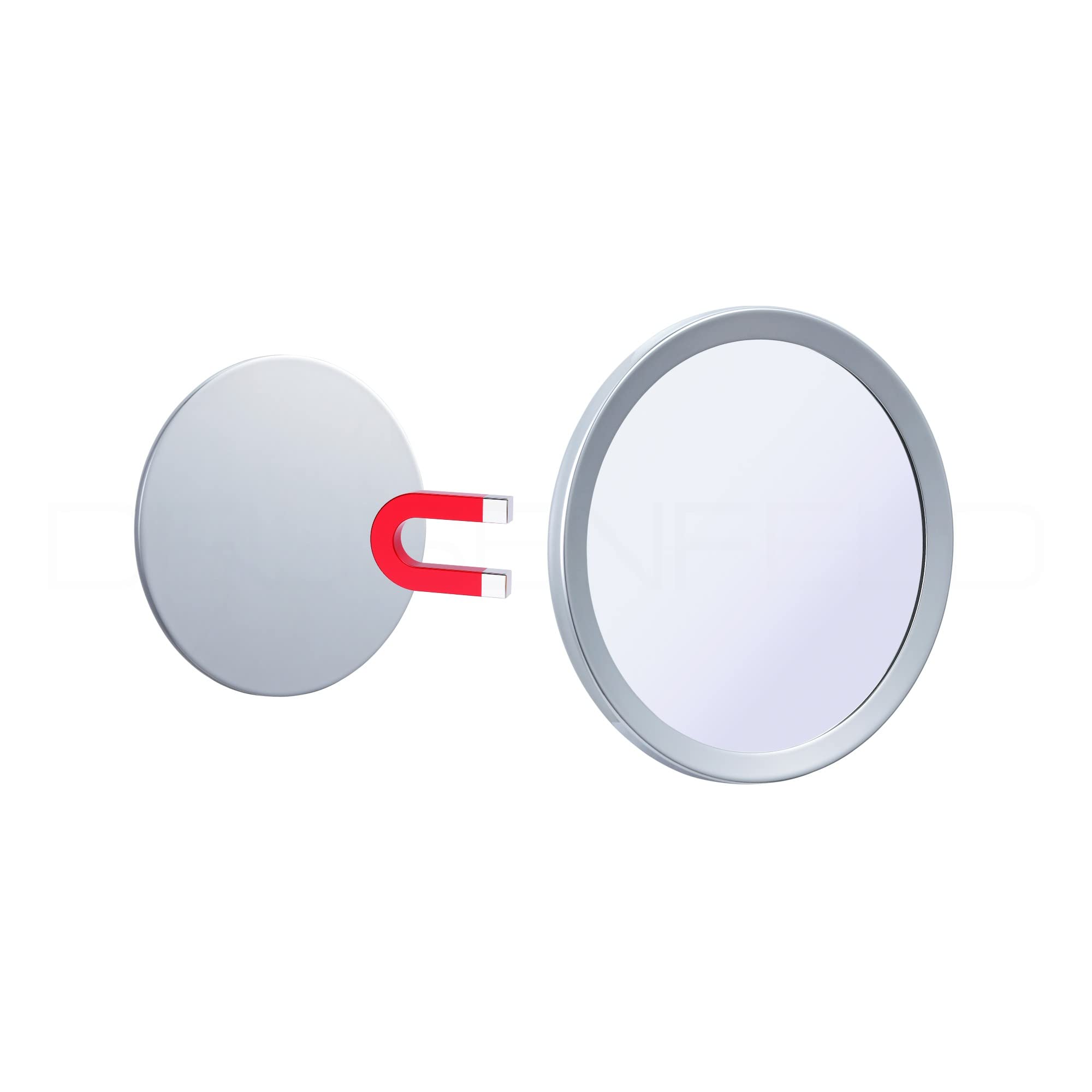 DEUSENFELD KM5C - Magnet Kosmetikspiegel mit 2 selbstklebenden Wandplatten, Klebespiegel, magnetisch abnehmbar, Ø15cm, 5X Vergrößerung, Hochglanz verchromt
