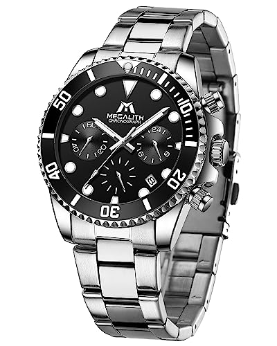 MEGALITH Orologio-Uomo Acciaio Cronografo Quarzo - 40mm Classico Orologio Uomo Impermeabile Luminoso Data Orologi da Polso Argento Nero, Moda Regali Uomo