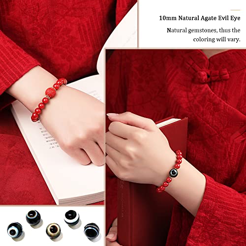 Evil Eye Beaded Bracelet for Women, Feng Shui Wealth Bracelet Red Cinnabar Natural Crystal Onyx Relief Reiki Healing Stone Original Double Protection Red Strand Bracelet Bring Luck Prosperity2