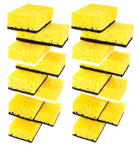 Image of Yellow Multi Use Scrub Sponge. Made in Europe. Large Pack of 18. 4.3x2.8x1.4 inches. Black Heavy Duty & White Non Scratch Fiber. Best Odorless & Durable Professional Scrubber for Commercial Use