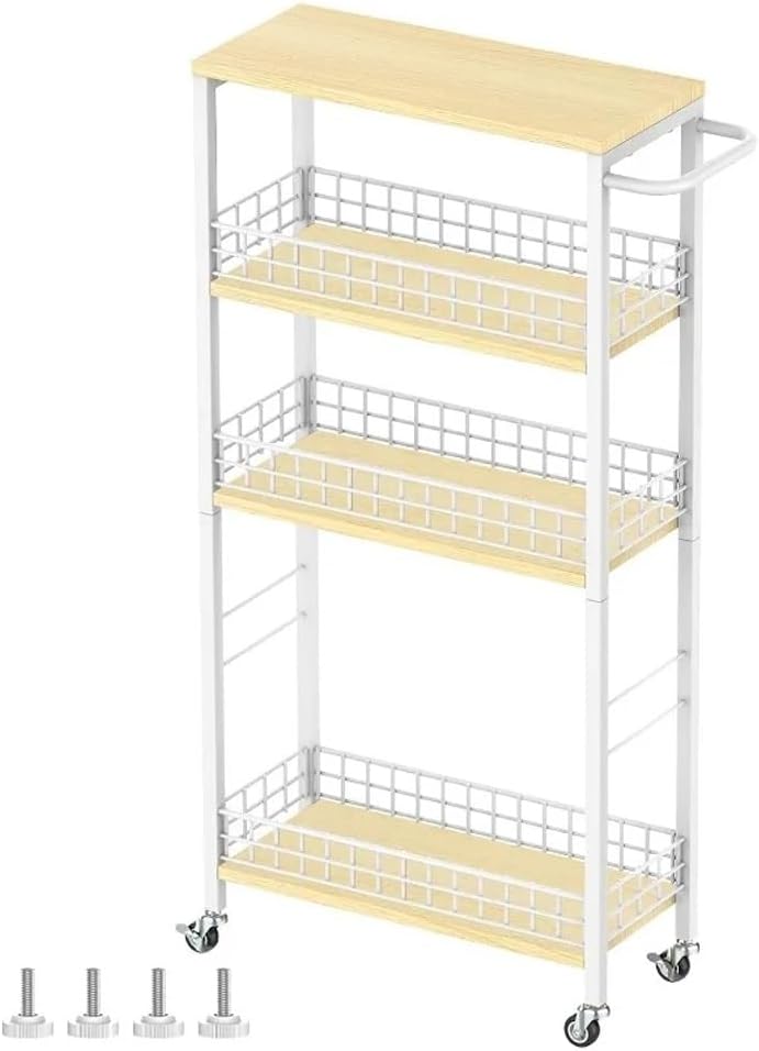 Slim Storage Cart 4 Tier Kitchen Rolling on Wheels Mobile Narrow with Wooden Tabletop Slide Out Utility