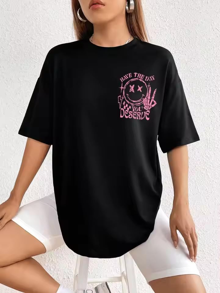 Image of Jawdrobe Cotton Blend Oversized Fit Half Sleeve Printed Round Neck T-Shirt for Women | Aesthetic Summer Wear