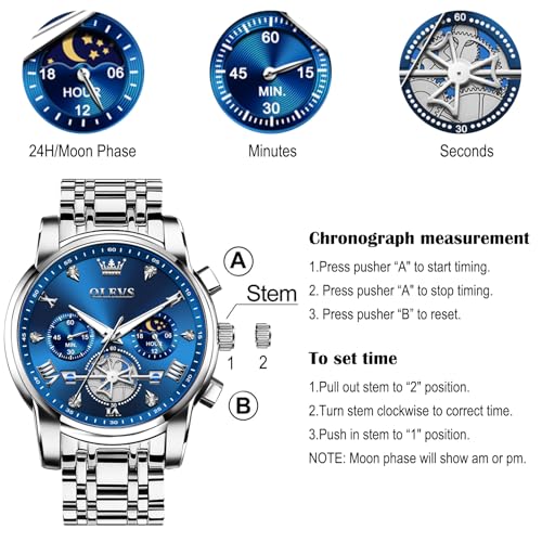 Image of OLEVS Men Watches Stainless Steel Chronograph Watch, Large Wrist Analog Quartz Watch, Fashion Waterproof Diamond Roman Numerals Dress Watches for Men, Gold /Black /White /Blue /Grey Dial