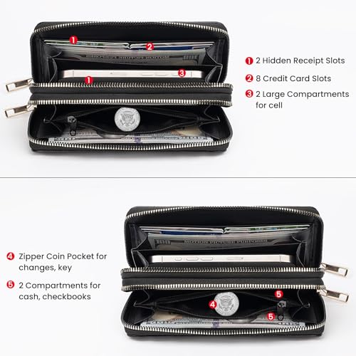 Leather Womens RFID Blocking Wallets Wristlet Clutch Double Zipper Wallet Large Capacity for Phones Credit Card Holder Black2