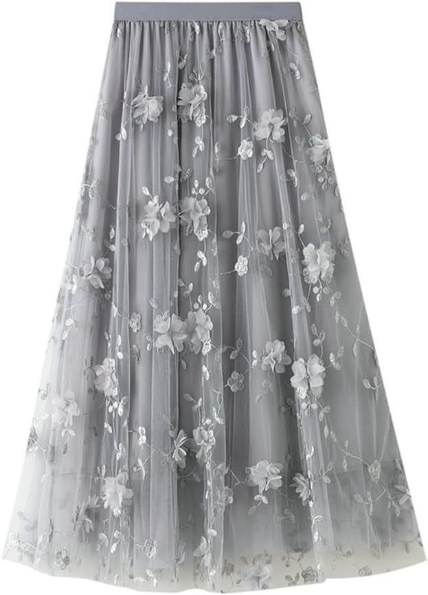 SUNYUESTAR Womens Floral Midi Skirt High Waisted A Line Cute Layered Fairy Mesh Tulle Pleated Skirt