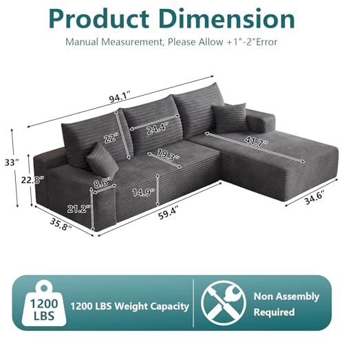 Image of 95 inch Modular Sectional Couch, Boneless L Shaped Cloud Sofa with Chaise Lounge, Corduroy Upholstered Couches Memory Foam Deep Seat, No Assembly Required, Ideal for Living Room(Dark Gray, Right Facing)