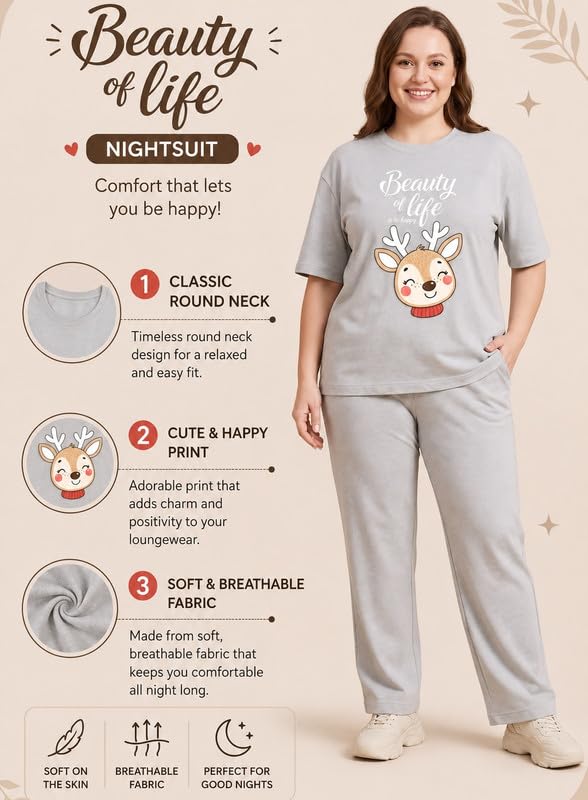 Image of My Swag Womens Cotton Printed Nightsuit Set |T-Shirt & Pajama Pants | Soft Breathable Sleepwear and Loungewear for Women