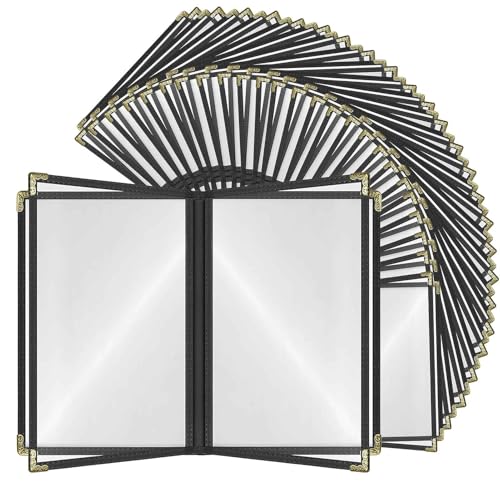 Goodsmart Restaurant Menu Covers – 25 Pack Black 8-View Booklet 8.5" x 14", Side-Loading Vinyl &amp; Plastic Menu Holders, Clear Menu Sleeves, Leather-Style Café Covers with Gold Corners