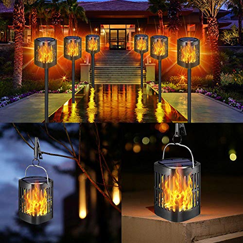 Ollivage Hanging Solar Lights, Dancing Flame Solar Lights Outdoor Hanging Lanterns, Solar Powered Torch Lights and USB Charging Solar Flame Landscape Lights for Garden Patio Deck Yard Path, 2 Pack