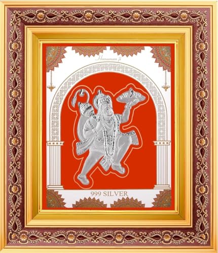 Image of 999 Pure Silver Hanumanji Frame | Divine Home Decor | Wall Mount Square Photo for Gift, Wooden PhotoFrame SilverGift Items Temple & OfficeDecor | hangingframe (10.50 inch x 9 inch Inch)
