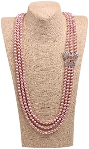 ART KIM Diamond Carving Hollow Butterfly Costume Pearl Strands Necklaces (Pink)