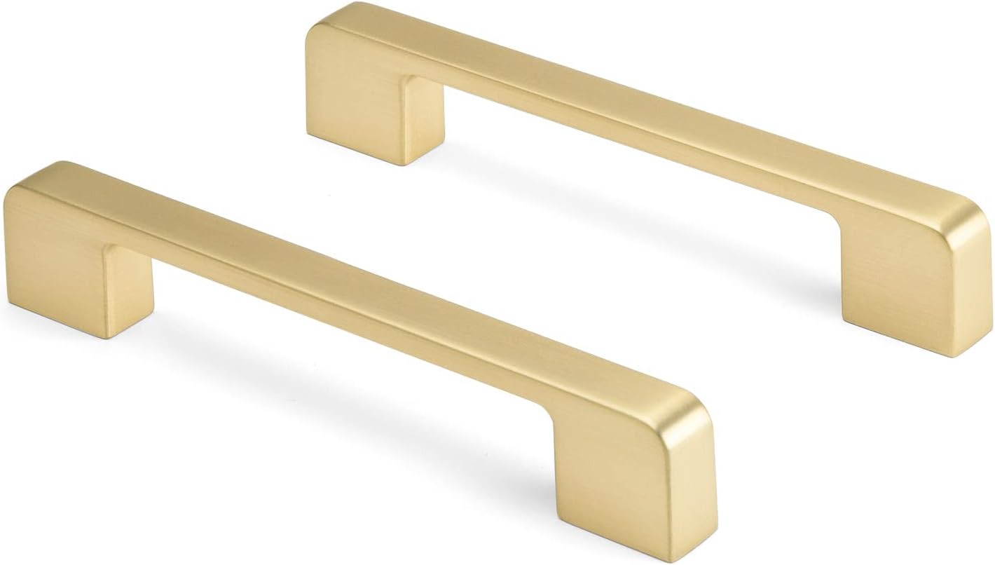 Haliwu 10 Pack Solid Zinc Alloy Cabinet Handles Brushed Gold Cabinet Pulls 5 Inch Hole Center Drawer Pulls Modern Square Dresser Handles for Bathroom Kitchen Bedroom