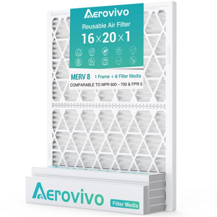 AErovivo 16x20x1 Air Filter, 6 Pack MERV 8 Deep Pleat Furnace Filter Media with 1 Reusable ABS Frame, Cost-effective MPR 700 FPR 5 AC/HVAC Filter (1 Frame + 6 Filter Media)