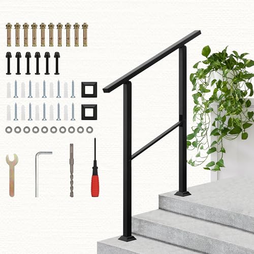 Auxdee Handrails for Outdoor Steps, 2 to 3 Step Heavy Duty Hand Railing, Stair Railing, Porch Railing, Metal Stair Railing, Black Adjustable Wrought Iron Hand Rails kit with Straight Middle Railing