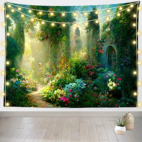 Loccor Fairy Tale Garden Wall Hanging - Enchanted Flower Arches Greenery Wonderland Magic Princess Tapestry for Living Room Bedroom Home Decor 60x40inch