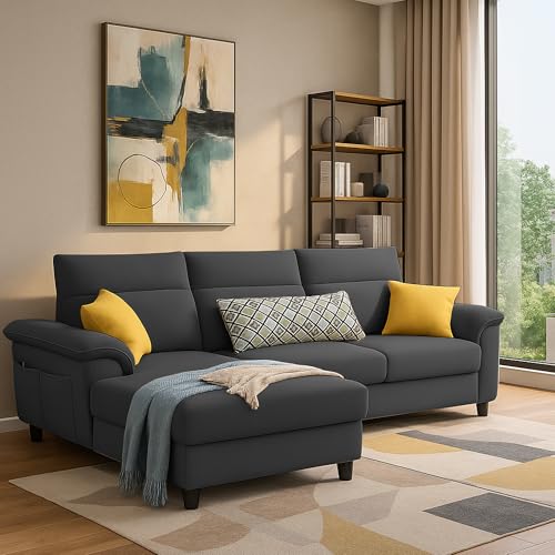 Image of Casaliving Seams LHS 4 Seater L Shape Sofa for Living Room (Black Fabric) Premium Fabric Sofa