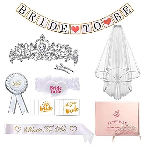 Kyerivs Bride to be kit Hen Bachelorette Party Accessories Bridal Shower Decorations Bride Sash, Rhinestone Tiara Crown, Tattoos, Bride Garter, Bride Banner, Rosette Badge, Hen Party Veil with Comb Cover