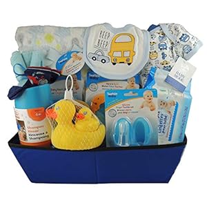 Bath Time Baby Boy Gift Basket: Fleece Blanket, Cotton Onesie, Rinser and more.