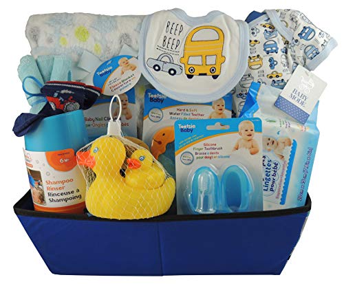 Bath Time Baby Boy Gift Basket: Fleece Blanket, Cotton Onesie, Rinser and more.