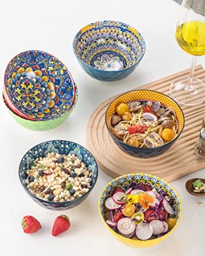 HENXFEN LEAD Dessert Bowls, Soup Bowl 750ml, Porcelain Salad Bowl Bowl Ceramic for ice Cream, Rice, Dessert, etc. Colourful, Pack of 6 - Bohemian Style