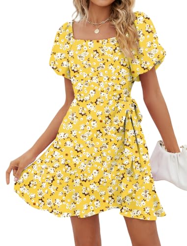 Image of Sampeel Womens Summer Dresses Square Neck Puff Sleeve Tie Waist Short Dress