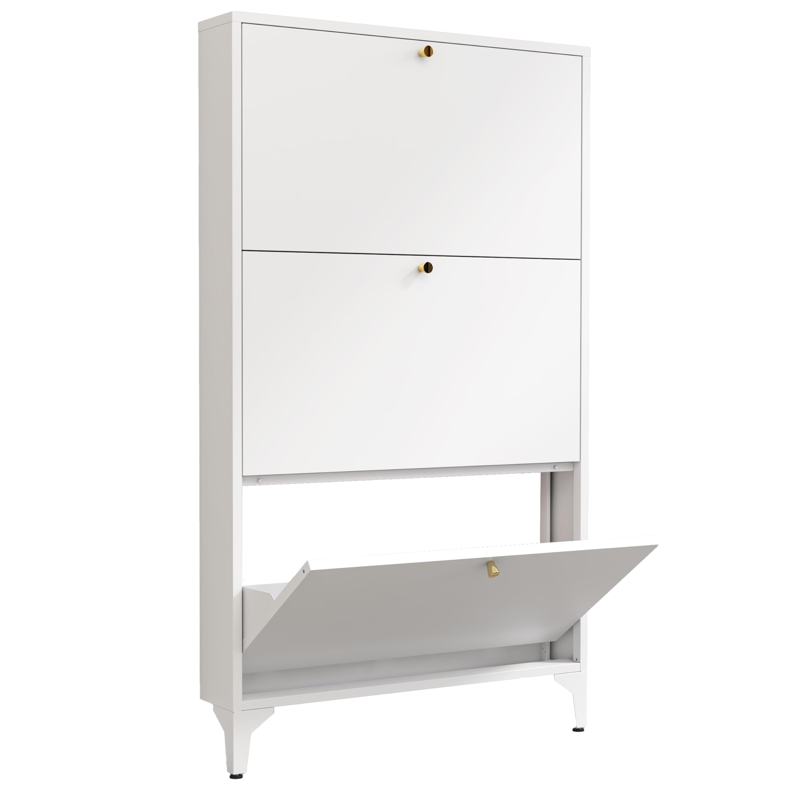 Schuhschrank mit 3 Klappschubladen, schmaler Schuhaufbewahrungsschrank, Bauernhaus-Schuh-Organizer, freistehender Organizer mit Metallbeinen für Eingang, Foyer, Flur, Weiß