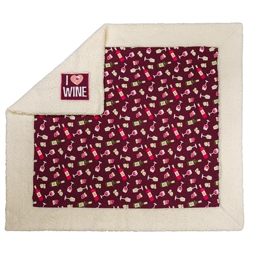 Pavilion - I Love Wine Sherpa Blanket, Unique Gifts for Wine Lovers, Cool Wine Gifts for Women, Housewarming Gifts for Wine Enthusiasts, Gifts for Winos, Wine Blanket, Beige, 45” x 50”