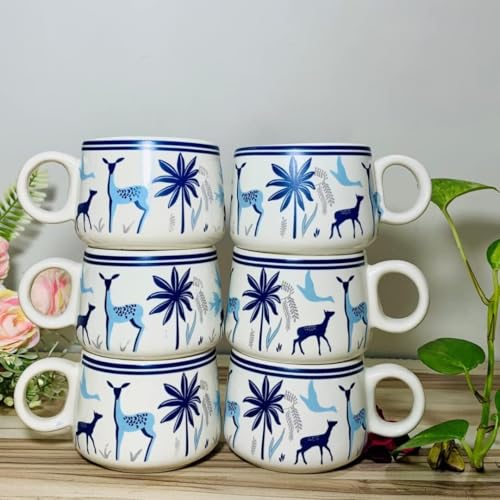 Image of Ceramic Kulhad Set of 6 | Hand-Painted Blue Deer Design Tea Cups | Traditional Clay Style Kulhad for Chai, Coffee | Safe & Durable Stoneware, Ceramic Indian chai Cups | Multicolor