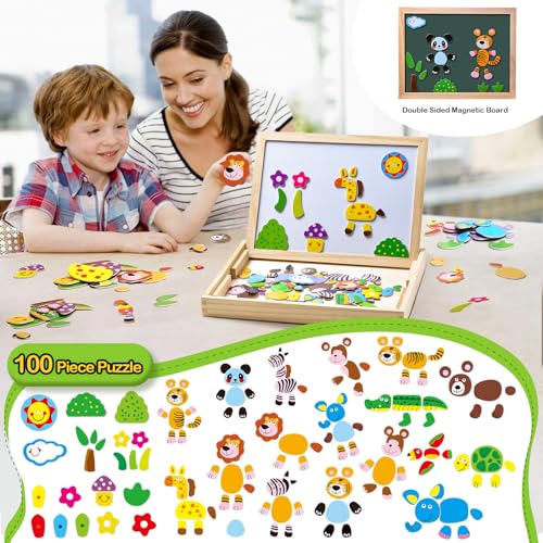 Uping Magnetisches Holzpuzzle 100 Stück, Doppelseitige Magnettafel, Zeichenbrett Farbstifte Kreiden, Wald and Tier Puzzles Spielzeug für ab 3 Jahre