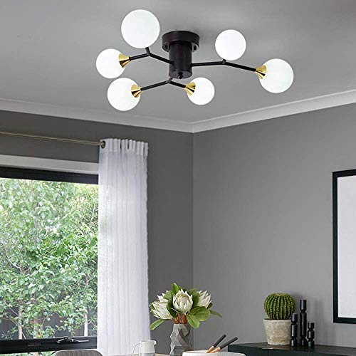 Plafonnier Scandinave Moderne Or et Noir à 6 Lampes en Verre Blanc Laiteux pour Salon Chic
