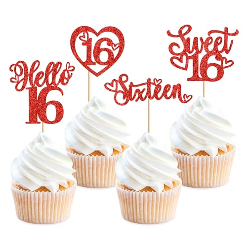 Ercadio 24 Pack Sweet 16 Cupcake Toppers Red Glitter Hello 16 Cupcake Toppers Sixteen Happy 16th Cupcake Picks 16 Happy Birthday Cake Toppers for 16th Birthday Party Cake Decor Supplies