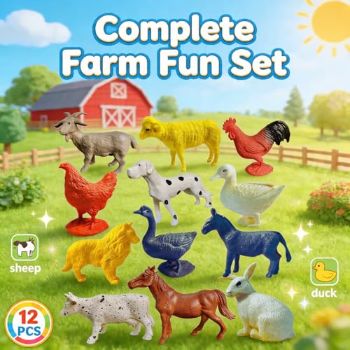 Image of ZESTHOME Farm Animal Toys for Kids | Animal Figures Set | 6-8 cm | Cow Goat Sheep Horse Dog Duck Toys | Learning & Pretend Play Toys | Gift for Boys Girls | 12 PCS