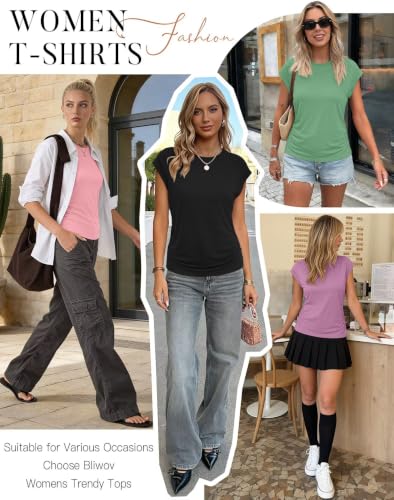 Image of Bliwov Womens Summer Tops Cap Sleeve Crew Neck Casual T Shirts