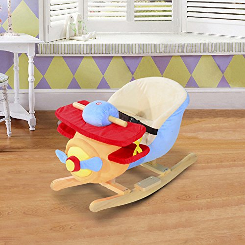 Qaba Kids Rocking Horse, Wooden Plush Ride-On Plane Chair Toy With Lullby Song And Seat Belt For 18 Month + #TOP1