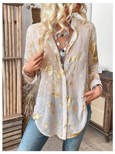 GORGLITTER Women's Sheer Button Down Shirts Long Sleeve Work Office Business Fashion 2026 Dressy Blouse Tops