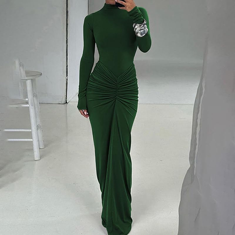 Image of Womens Sexy Maxi Dress Long Sleeve Ruched Bodycon Turtleneck Club Party Casual Wedding Dresses