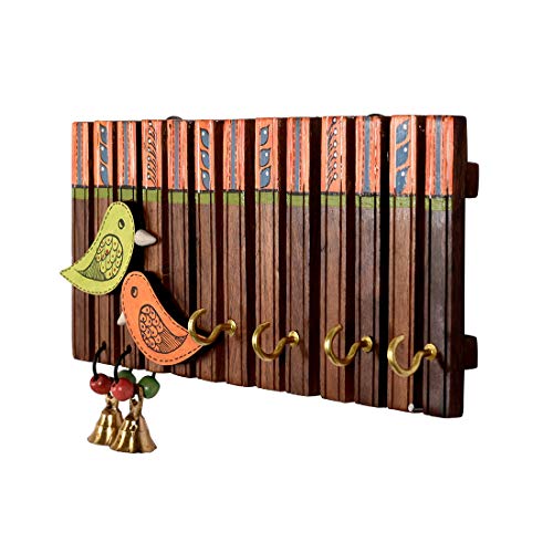Image of Aakriti Art Creations Key Holder, Handcrafted Tribal Art Wooden Strips & Birds Key Hanger | Rustic Wood Wall Organizer with 4 Hooks | Storage Shelf For Keys, Hats | Multifunctional Entryway Decor Item