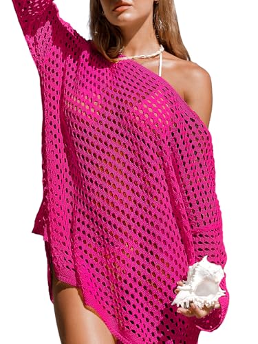 CUPSHE Blusa de ganchillo para mujer, con hombros caídos, manga larga, para la playa, hot pink, XS