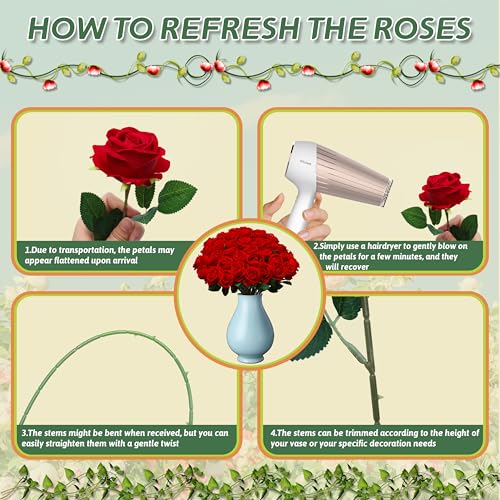 50 PCS Fake Red Roses, Artificial Red Flowers Bulk Realistic Silk Faux Rose with Stems for Wedding Decoration Anniversary Bridal Bouquet DIY Floral Arrangement Romantic Home Decor Gifts - Image 7