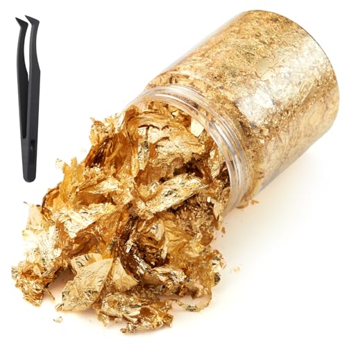 Gold Leaf Flakes with Tweezers,10g Metallic Gold Foil Flakes for ...