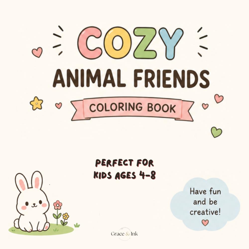 Cozy Animal Friends: 52 Cute & Easy Animal Coloring Pages for Kids Ages 4-8