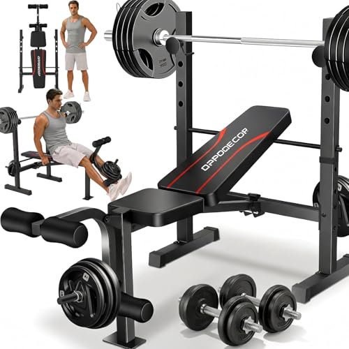 OPPSDECOR Adjustable Weight Bench Set with Squat Rack, 3 Sec Folding Workout Bench for Full Body Exercise, 600LBS All-in-One Bench Press with Leg Curl & Leg Extension, Incline Decline Flat Home Gym Bench