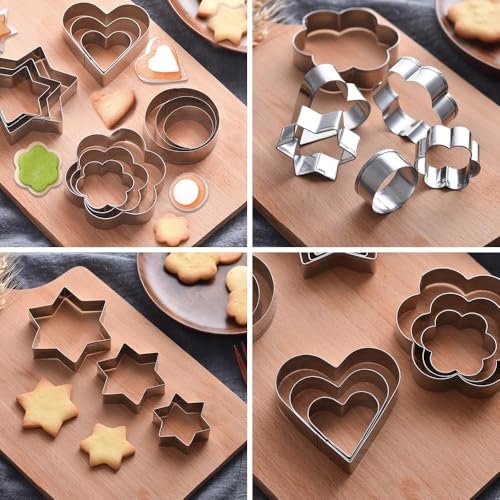 Image of Cookie Cutter Stainless Steel Cookie Cutter with 4 Shape 3 Sizes Heart Round Star and Flower, 12 Pieces