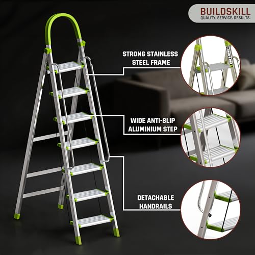 Image of BUILDSKILL Aluminium Ladder for Home 7 Steps | 36x16cm Wide Anti-Slip Aluminium Steps | Stainless Steel Body | Handrails | Load 150 Kg | Foldable Lightweight 8.15KG Ladder for Kitchen, Office & Home