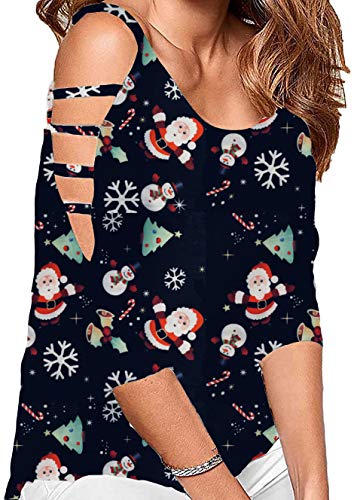 Roshop Women's Loose Hollowed Out Shoulder Floral Print BlouseTops (Santa, XL)